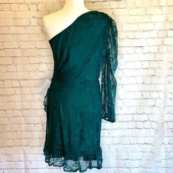 WAYF Green Lace One Shoulder Knee Length Dress - Picture 3 of 12